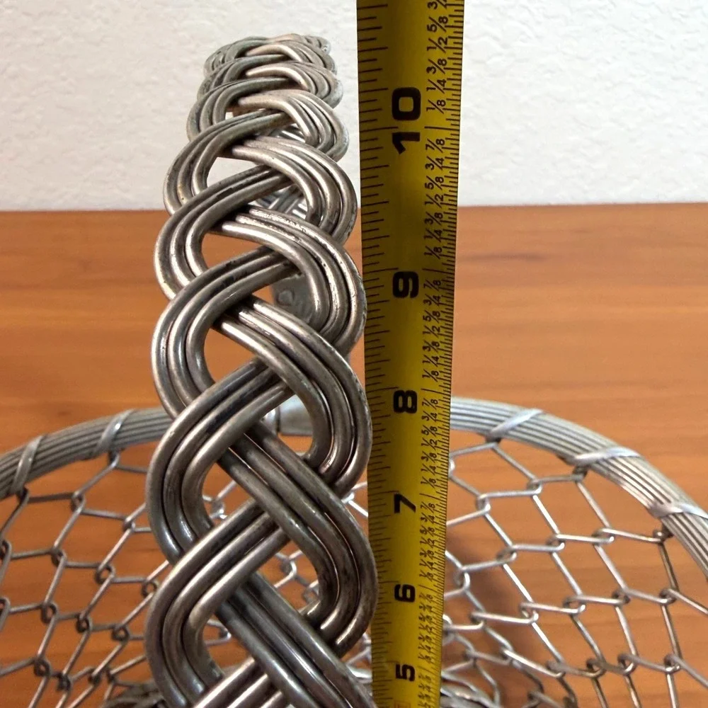 Handmade Vintage Aluminum Woven Wire Basket with Braided Handle Silver Tone Met